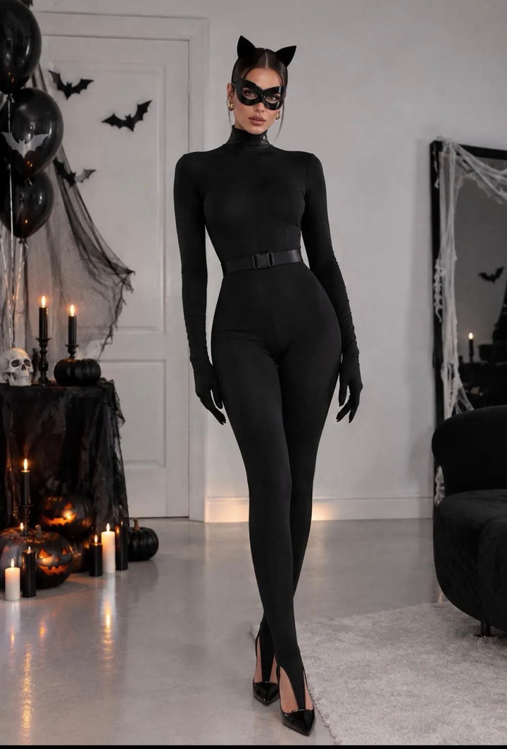 Women's Black High-Neck Bodycon Jumpsuit with Integrated Gloves