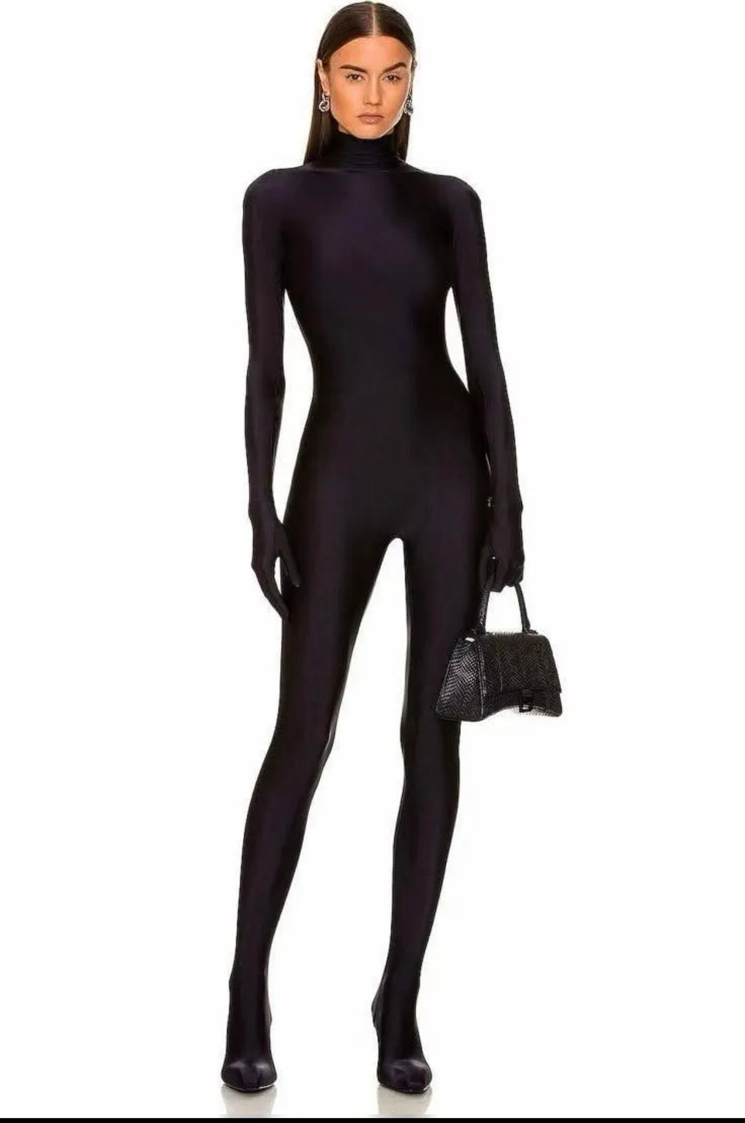 Women's Black High-Neck Bodycon Jumpsuit with Integrated Gloves