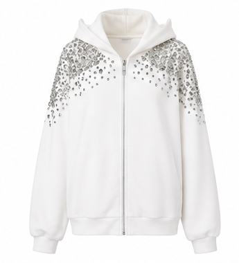 White Rhinestone Embellished Zip-Up Hoodie