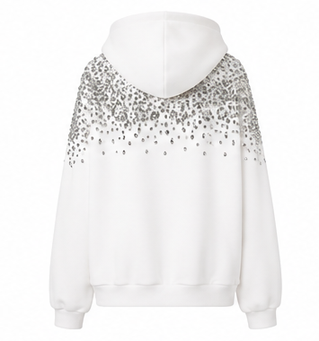 White Rhinestone Embellished Zip-Up Hoodie