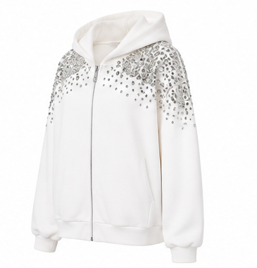 White Rhinestone Embellished Zip-Up Hoodie