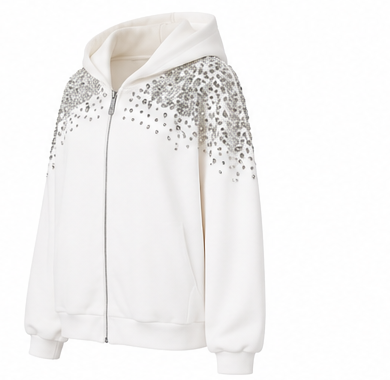 White Rhinestone Embellished Zip-Up Hoodie