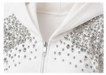 White Rhinestone Embellished Zip-Up Hoodie