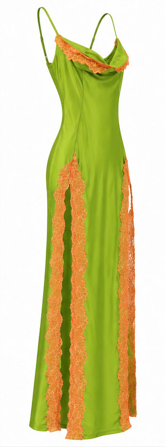 Women’s Lime Green Satin Maxi Dress with Orange Lace