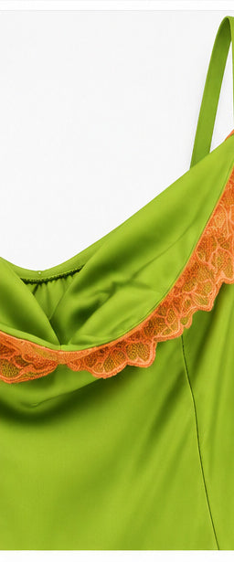 Women’s Lime Green Satin Maxi Dress with Orange Lace