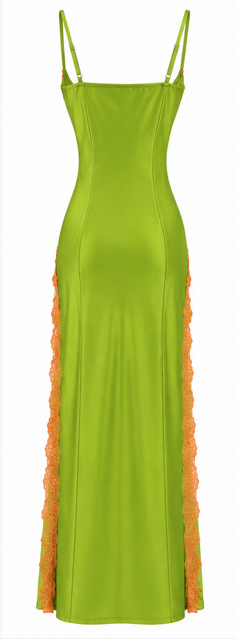 Women’s Lime Green Satin Maxi Dress with Orange Lace